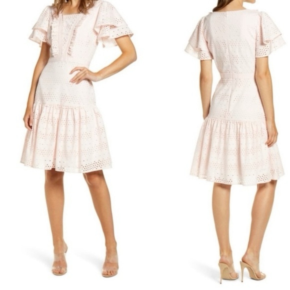 Feminine Coquette Soft Pink Flutter Sleeve Romantic Eyelet & Lace Midi Dress